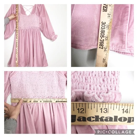 Free People Daphne Velvet Sleeve mini Dress Balloon ruffle sleeves blush pink - Picture 12 of 13